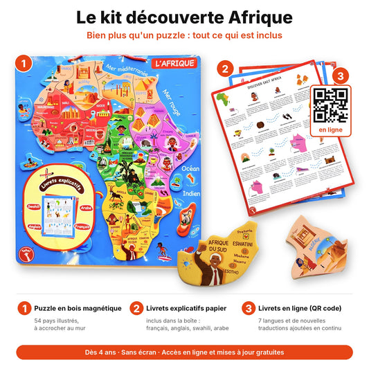 Contenu du kit découverte Afrique Yohel : puzzle bois magnétique 54 pays, livrets explicatifs papier et livrets en ligne en 7 langues via QR code