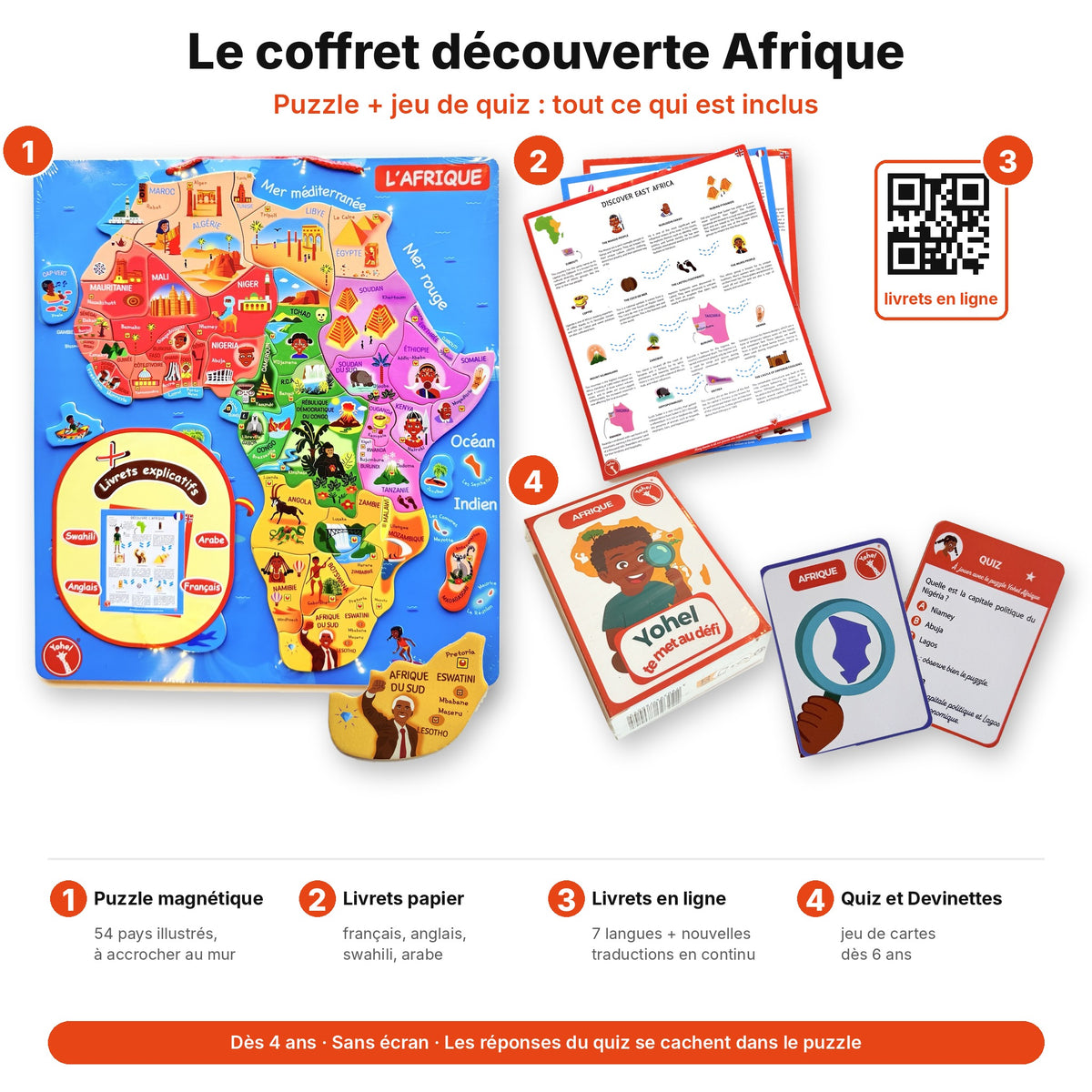 Contenu du coffret découverte Afrique Yohel : puzzle bois magnétique 54 pays, livrets papier, livrets en ligne en 7 langues et jeu de cartes quiz dès 6 ans