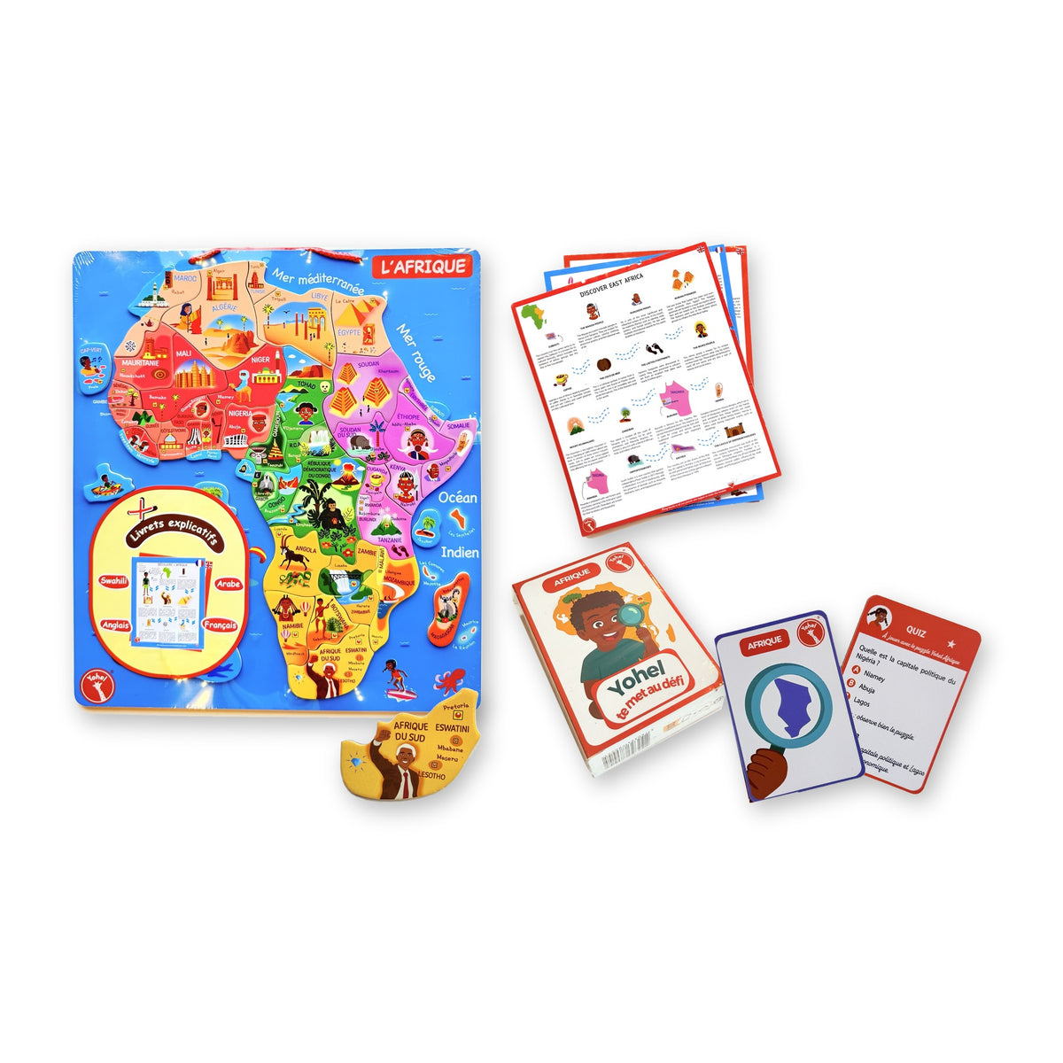 Coffret cadeau Afrique Yohel : puzzle éducatif en bois magnétique 54 pays, livrets explicatifs et jeu de cartes Quiz et Devinettes Afrique