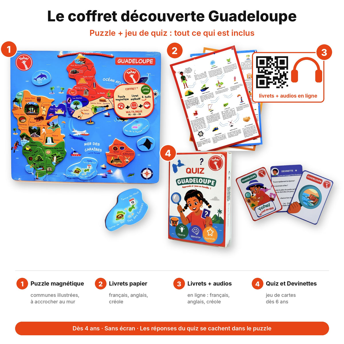 Contenu du coffret découverte Guadeloupe Yohel : puzzle bois magnétique, livrets papier, livrets et audios en ligne en créole, quiz dès 6 ans
