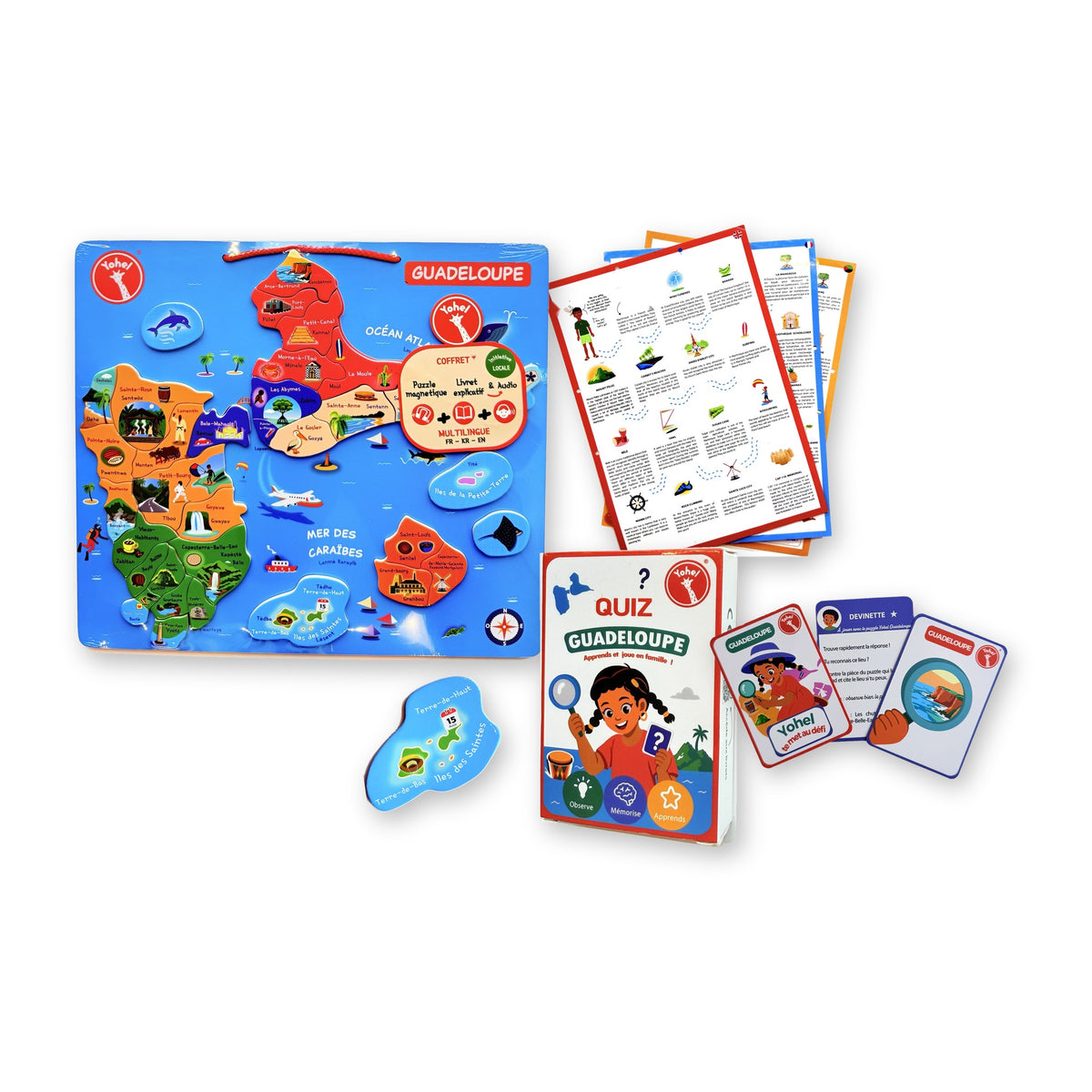 Coffret cadeau Guadeloupe Yohel : puzzle éducatif en bois magnétique, livrets explicatifs et jeu de cartes Quiz et Devinettes Guadeloupe