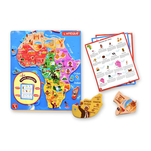 Kit découverte Afrique Yohel : puzzle éducatif en bois magnétique 54 pays, livrets explicatifs multilingues et pièces illustrées, jeu enfant dès 4 ans