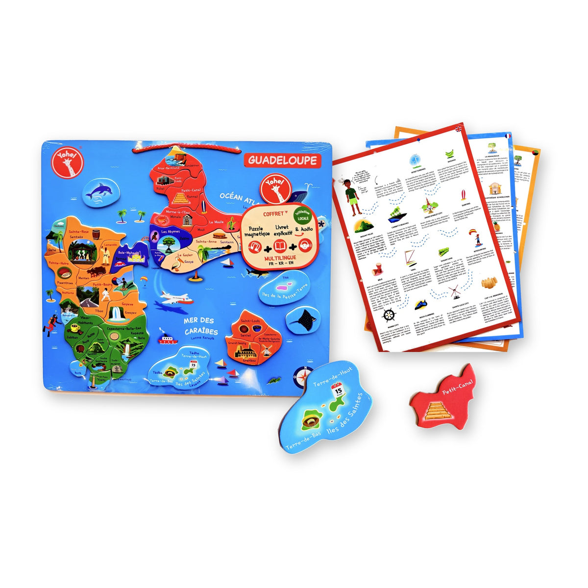 Kit découverte Guadeloupe Yohel : puzzle éducatif en bois magnétique des communes, livrets explicatifs et pièces illustrées, jeu enfant dès 4 ans