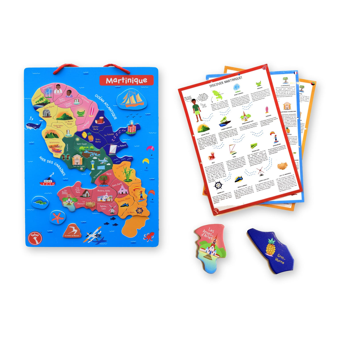 Kit découverte Martinique Yohel : puzzle éducatif en bois magnétique des 34 communes, livrets explicatifs et pièces illustrées, jeu enfant dès 4 ans