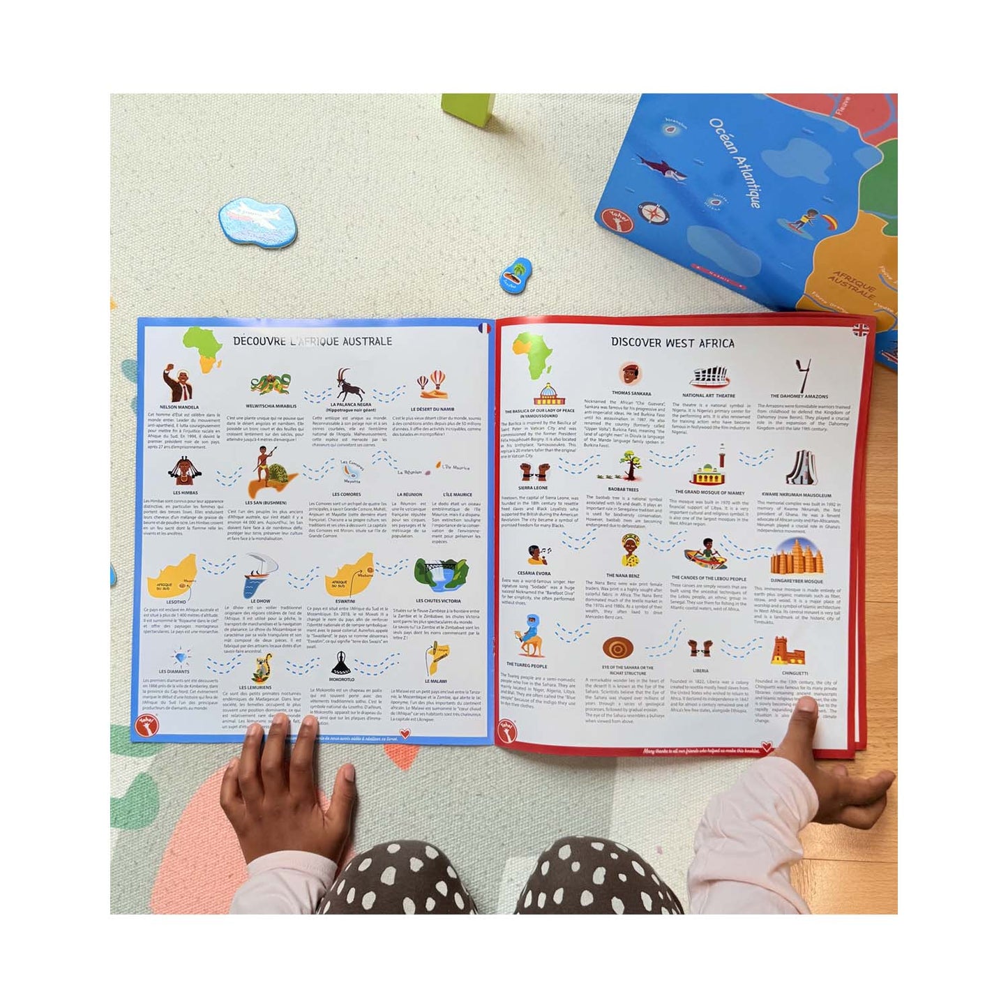 Livret éducatif multilingue en 7 langues inclus dans le puzzle Afrique Yohel — français, anglais, swahili, arabe, wolof, créole, portugais