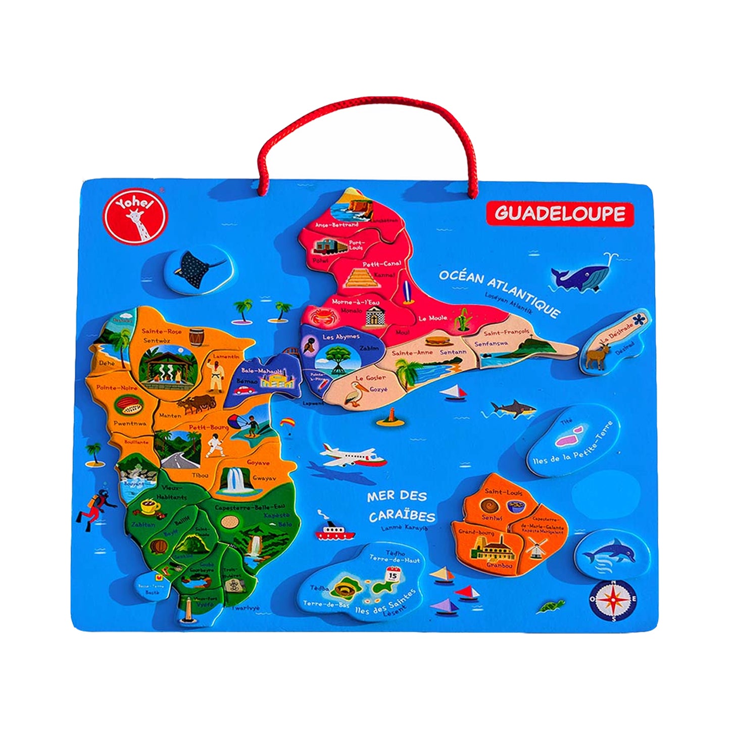 Puzzle éducatif Guadeloupe en bois magnétique Yohel — 32 communes, jeu enfant dès 4 ans
